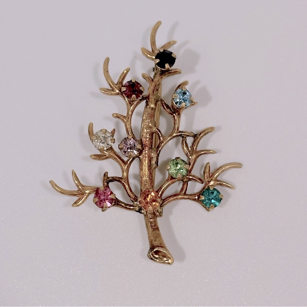 Vintage Estate Multicolor Rhinestone Tree Of Life Family Tree Brooch Pin GF